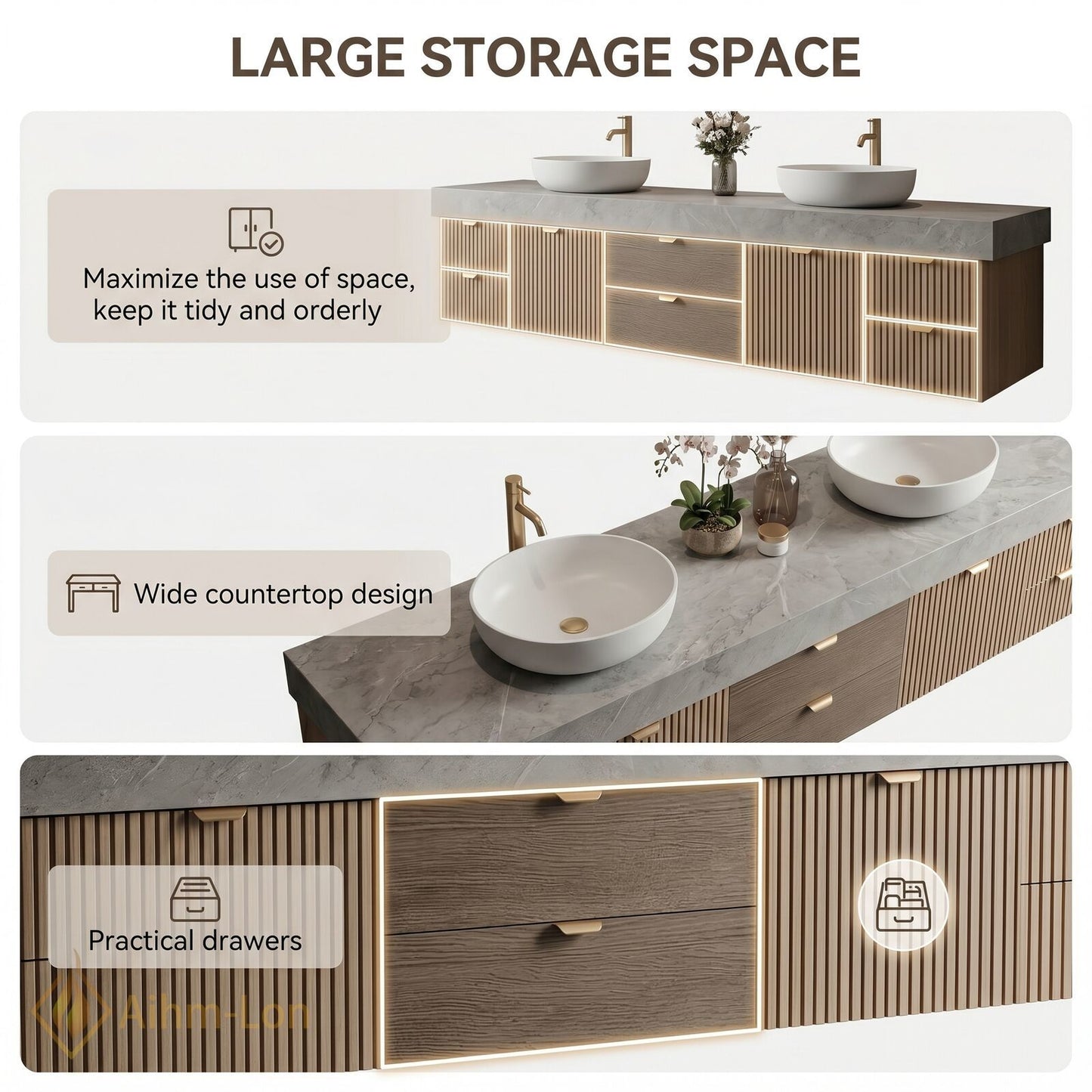 70''-96'' Double Bathroom Vanity with Sink Modern Slatted Veneer Doors Large Stone