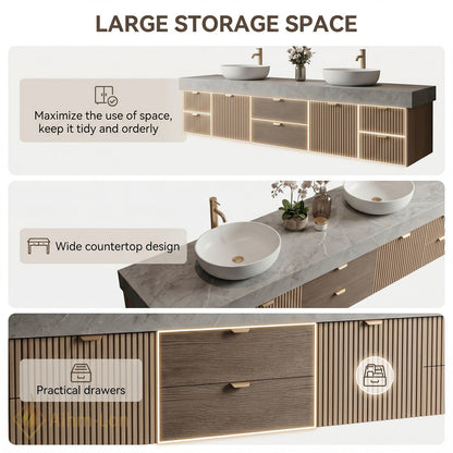 70''-96'' Double Bathroom Vanity with Sink Modern Slatted Veneer Doors Large Stone