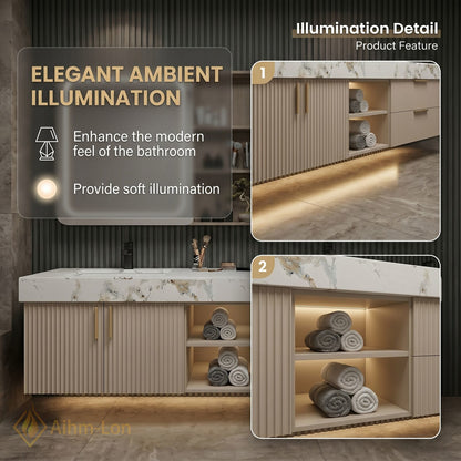 60''-96'' Double Bathroom Vanity with Sink Fluted Panel Marble Patterned Surface Dual