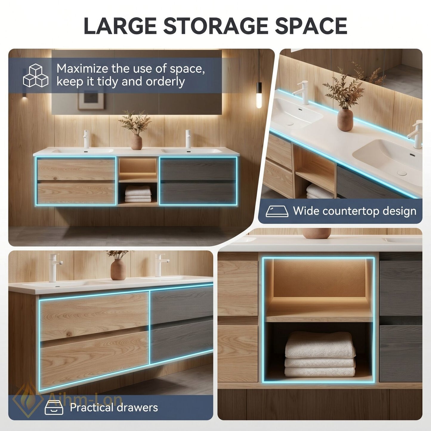 60''-96'' Floating Bathroom Vanity with Sink Wooden Drawer Dual-Tone Cabinet Mirror Storage