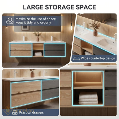 60''-96'' Floating Bathroom Vanity with Sink Wooden Drawer Dual-Tone Cabinet Mirror Storage