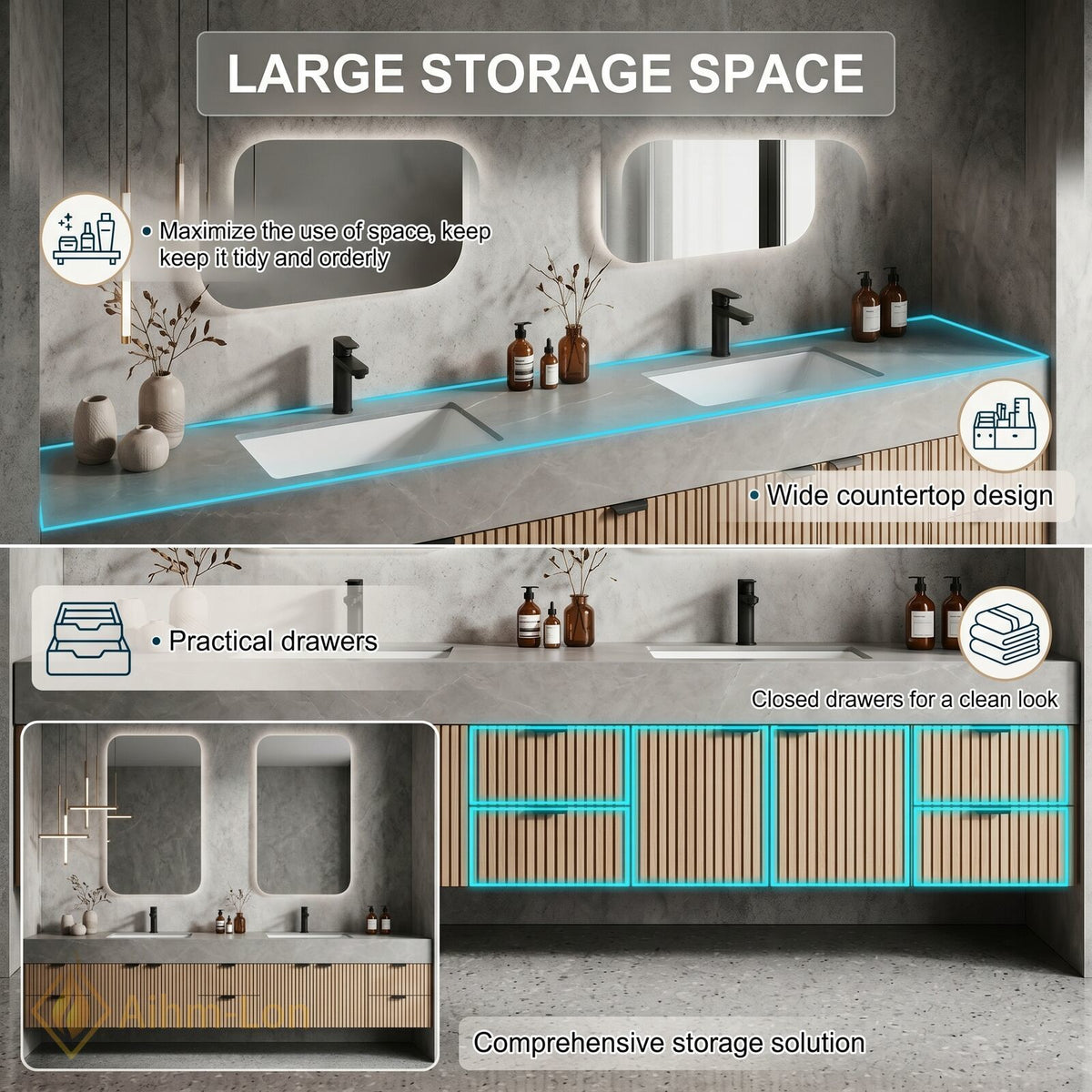 60''-96'' Double Bathroom Vanity with Sink Slatted Wood Front Stone Top Storage