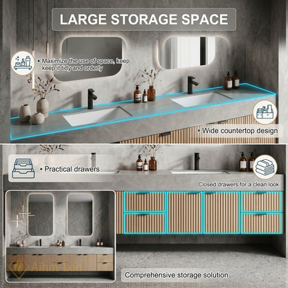 60''-96'' Double Bathroom Vanity with Sink Slatted Wood Front Stone Top Storage