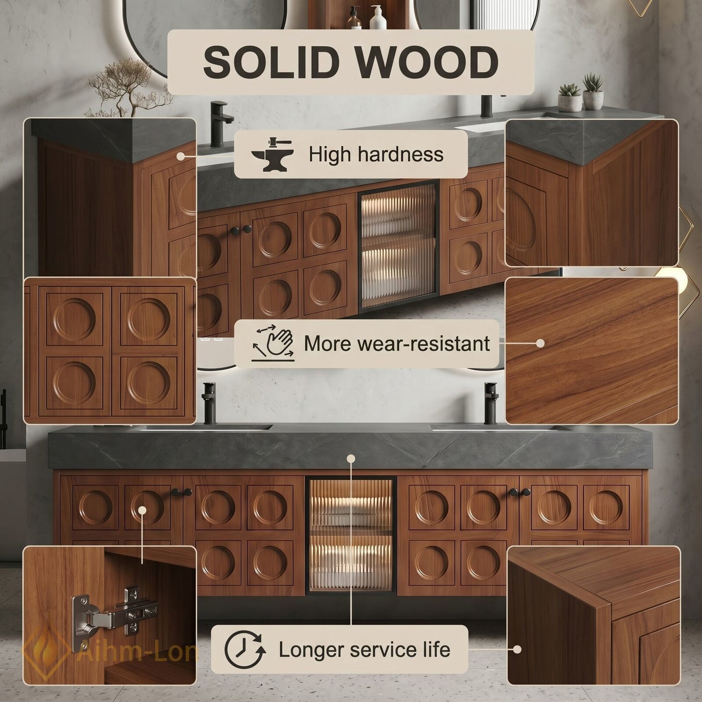 60''-96'' Bathroom Vanity with Sink Grooved Wood Panels Dark Stone Countertop Double
