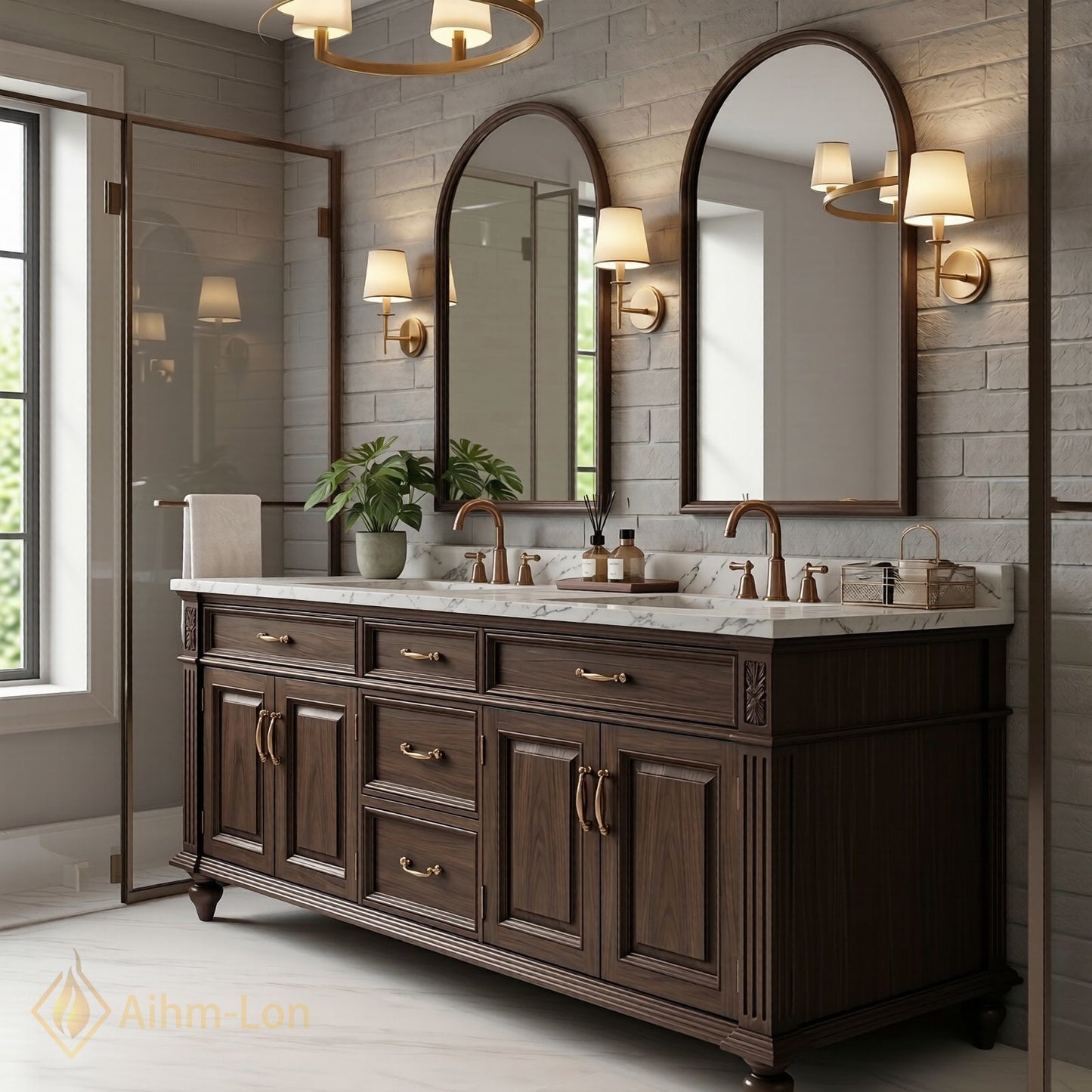 76''-96'' Classic Bathroom Vanity with Sink Carved Wood Dark Marble Arched Mirrors