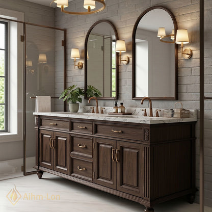 76''-96'' Classic Bathroom Vanity with Sink Carved Wood Dark Marble Arched Mirrors