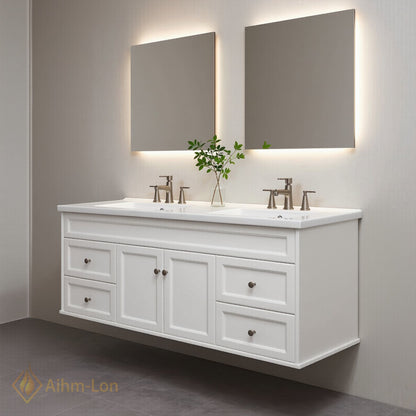 60''-96'' Double Bathroom Vanity with Sink Flush Panel Glass Cabinet Drawers Solid Wood