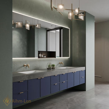 82''-96'' Double Bathroom Vanity with Sink Open Shelf Dark Stone Top Blue