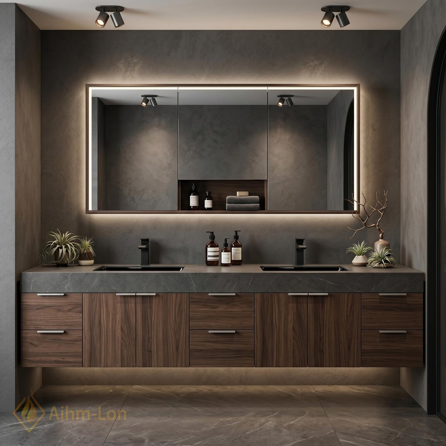 72''-96'' Double Bathroom Vanity with Sink Dark-Walnut Modern Grain Wall Mounted