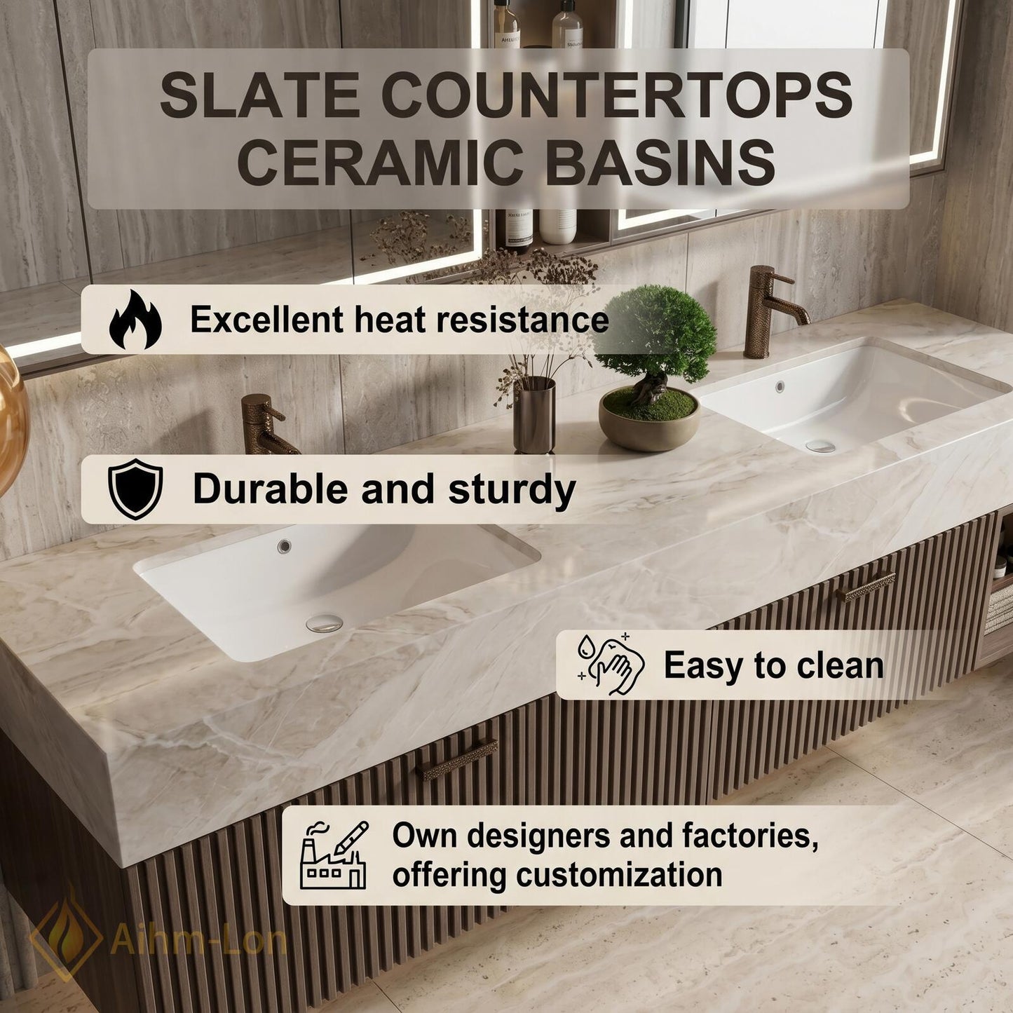 60''-96'' Double Bathroom Vanity with Sink Dark-Walnut Modern Floating Panel
