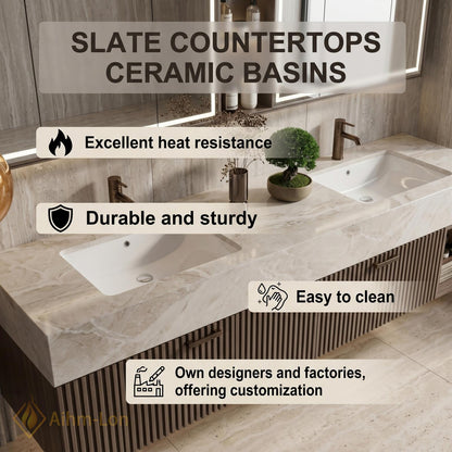 60''-96'' Double Bathroom Vanity with Sink Dark-Walnut Modern Floating Panel
