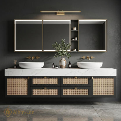 70''-96'' Double Bathroom Vanity with Sink White Marble Top Floating Rattan Doors