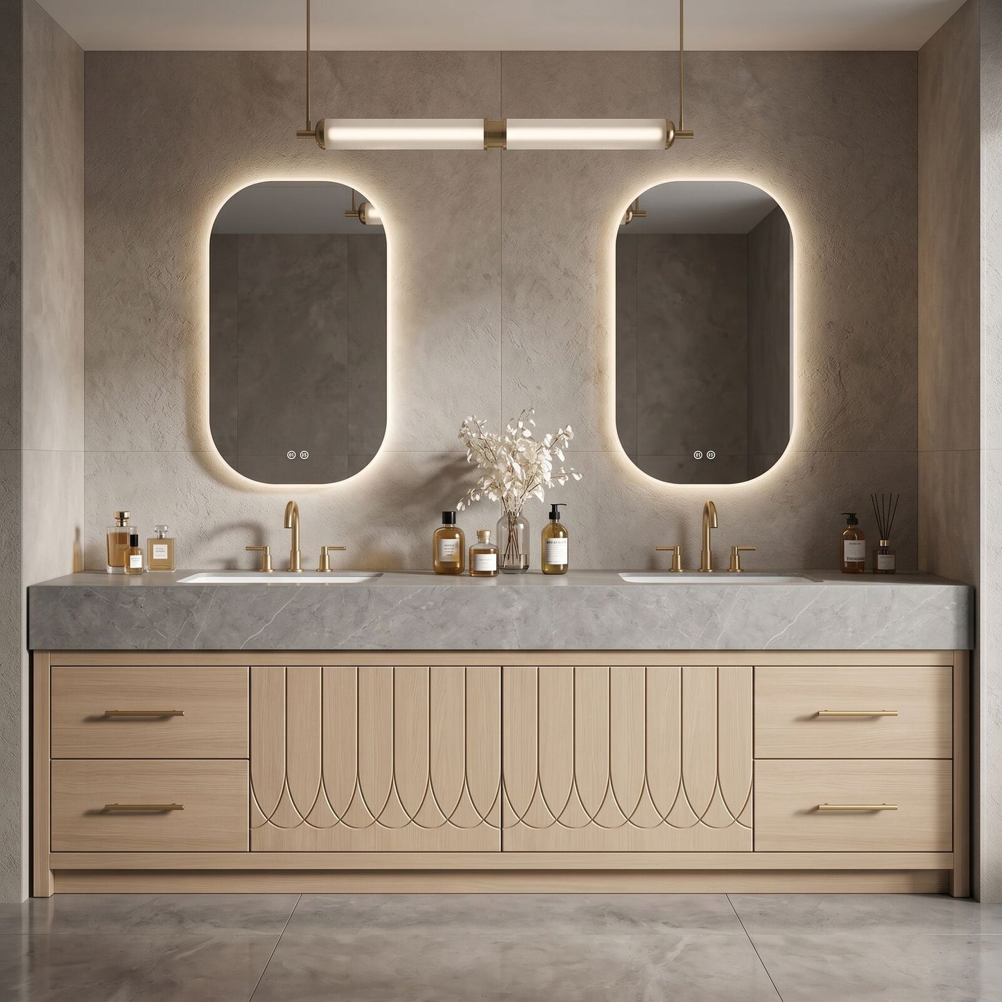 60''-96'' Elegant Bathroom Vanity with Sink Double Sink Wood Grain Stone Pattern Curved Doors