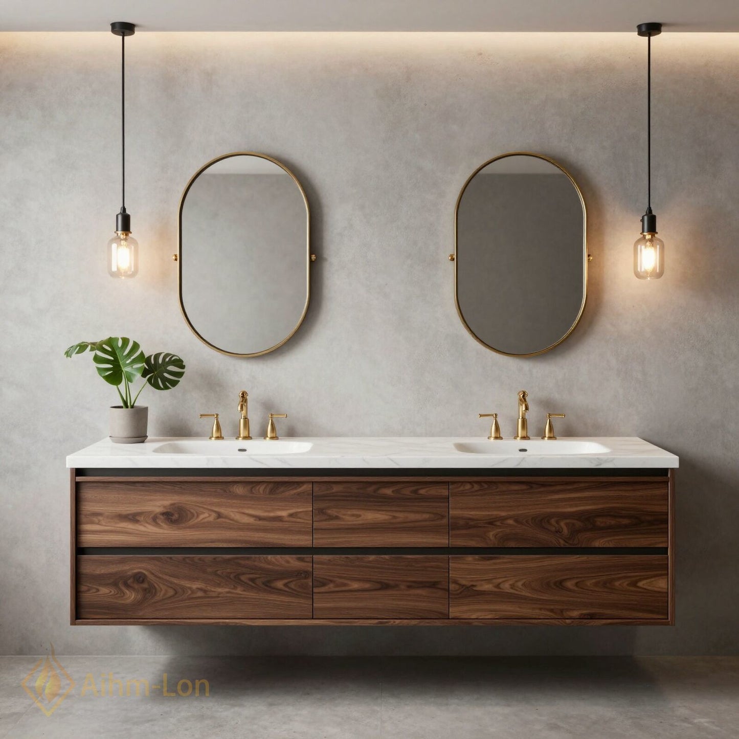 60''-96'' Modern Bathroom Vanity with Sink Floating Wooden Drawer White Stone Oval Mirrors