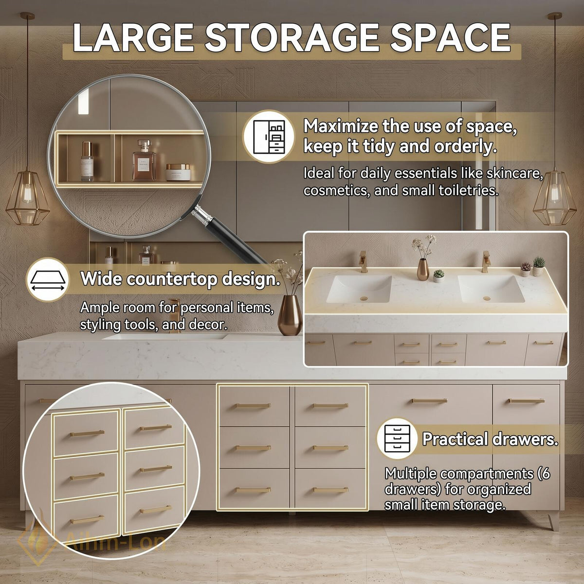 60''-96'' Double Bathroom Vanity with Sink Modern Matte Beige Finish Solid Leg