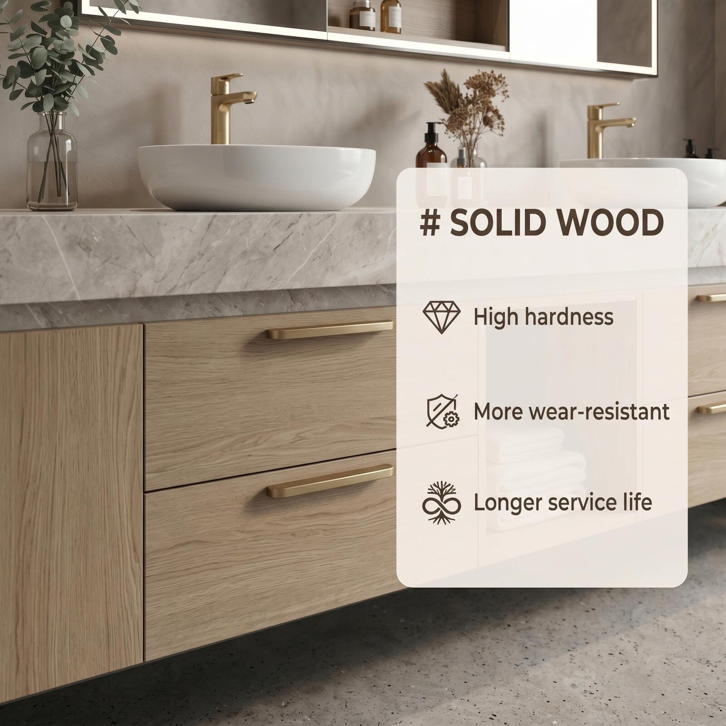 60''-96'' Elegant Bathroom Vanity with Sink Double Sink Light Oak Finish Open Center Storage