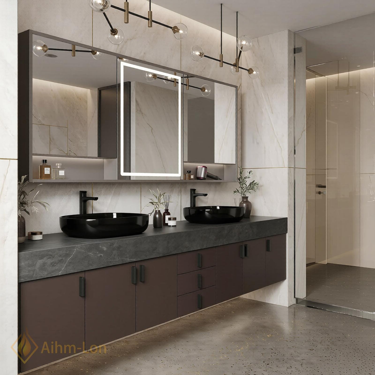 60''-96'' Double Bathroom Vanity with Sink Dark Slate Textured Stone Drawer Storage