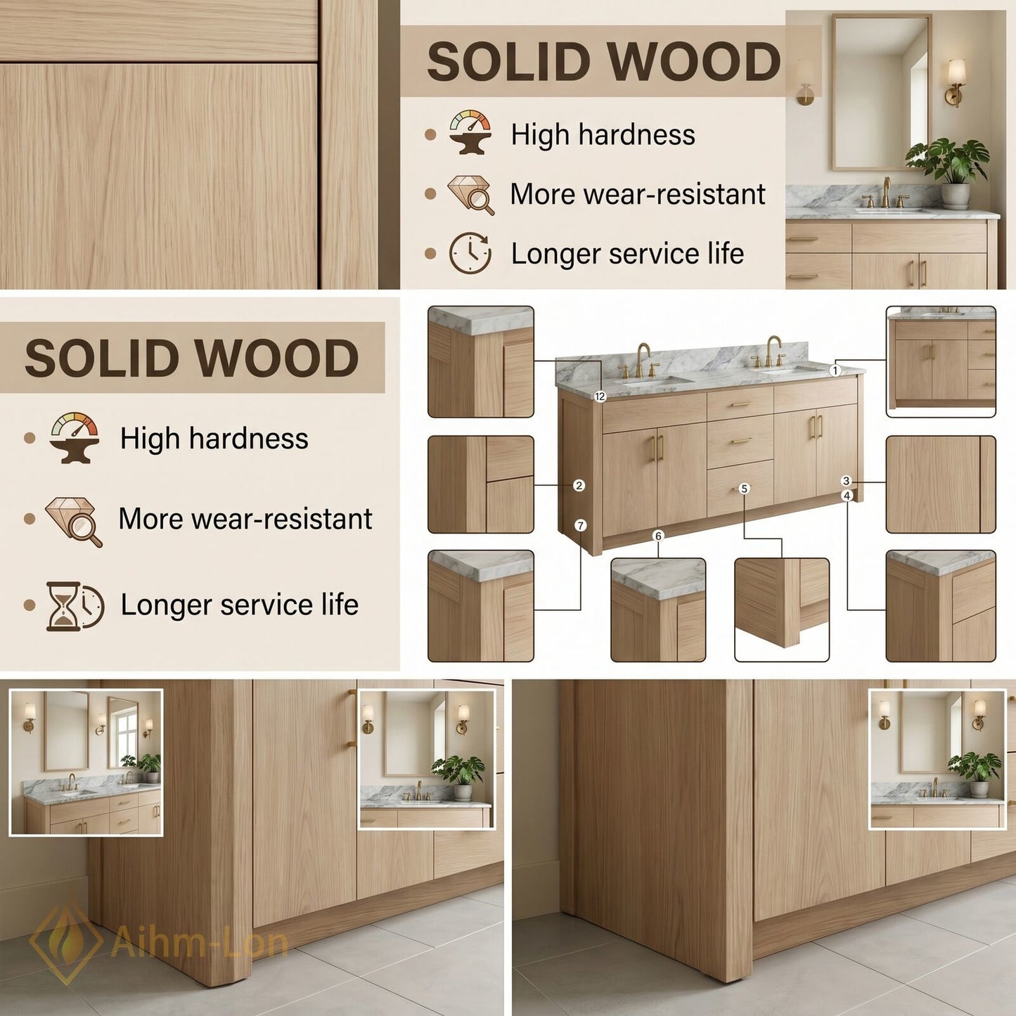 70''-96'' Modern Bathroom Vanity with Sink Light Wood Marble Brass Multi-Drawer Cabinet