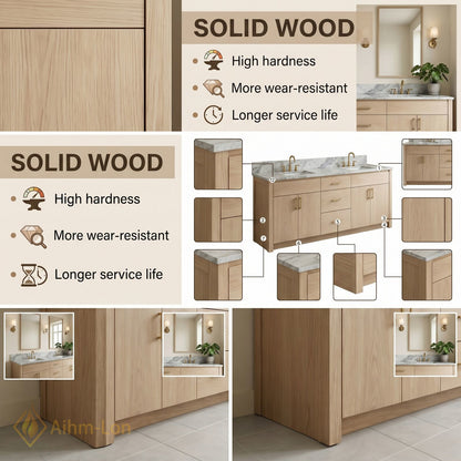 70''-96'' Modern Bathroom Vanity with Sink Light Wood Marble Brass Multi-Drawer Cabinet