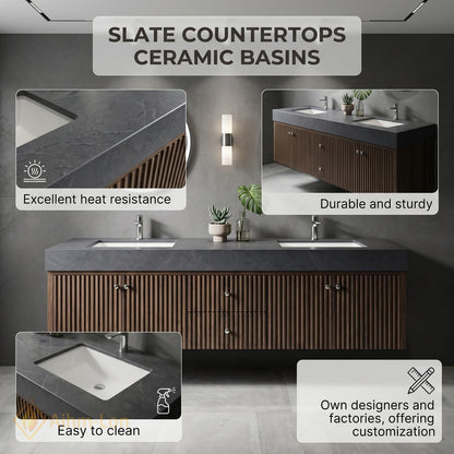 60''-96'' Double Bathroom Vanity with Sink Dark-Wood Modern Floating Fluted Panels