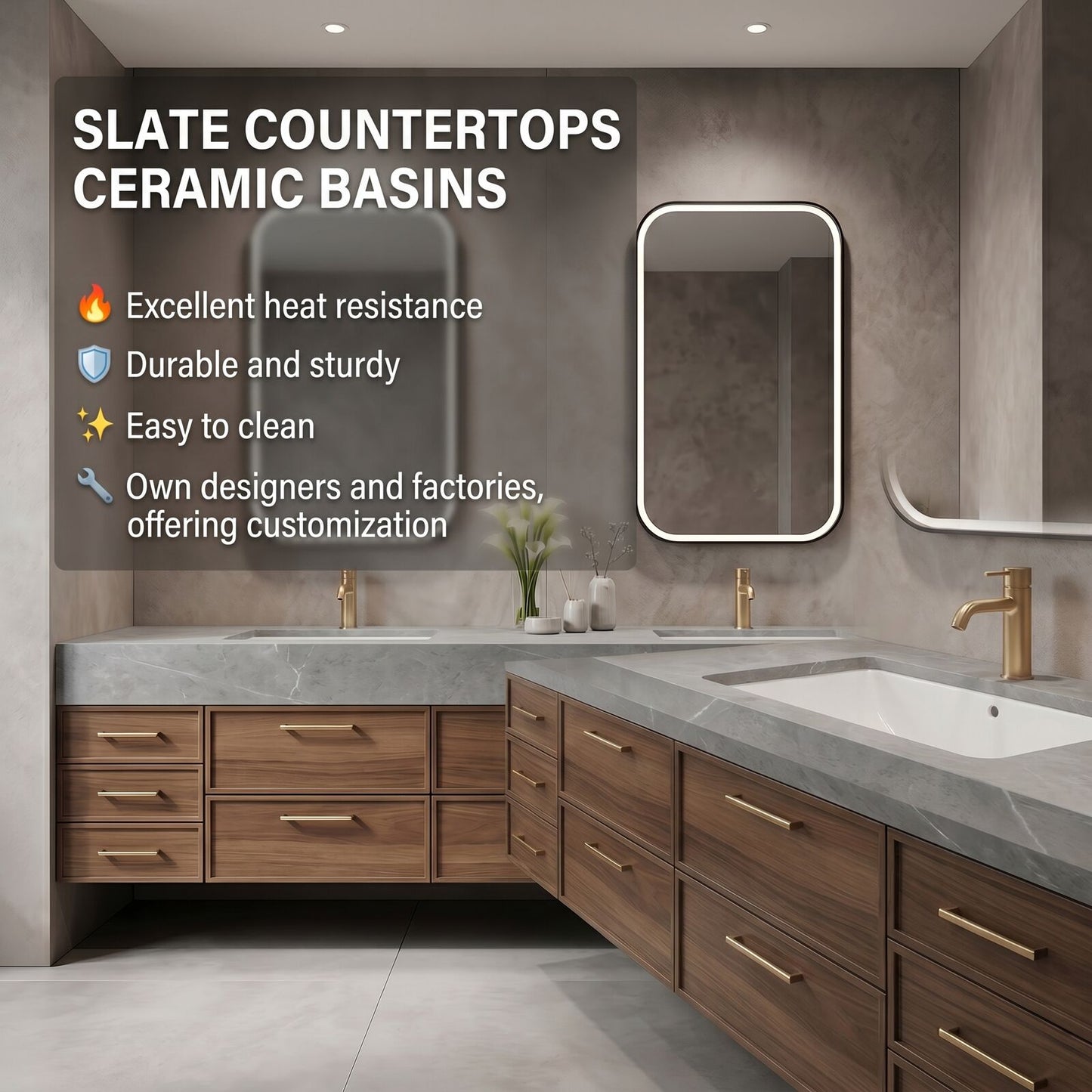 76''-96'' Modern Bathroom Vanity with Sink Floating Drawers Gold Hardware Dual Mirrors
