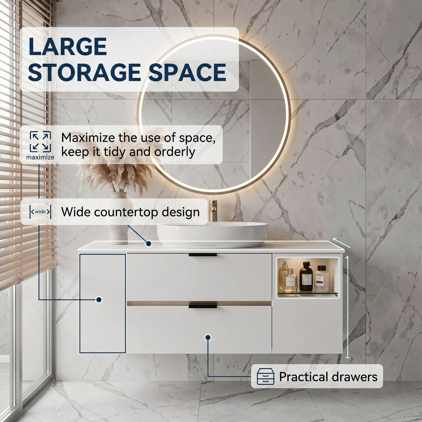 36''-64'' Modern Bathroom Vanity with Sink Floating White Anti-Fog Open Side Shelving