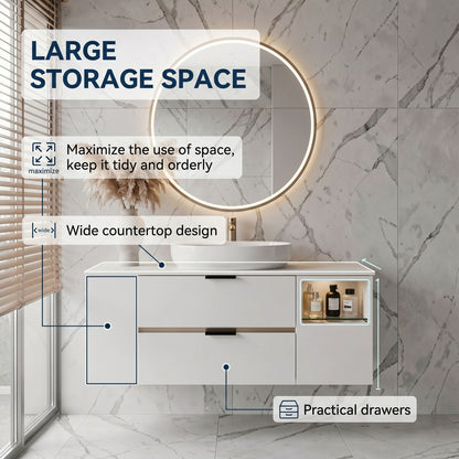 36''-64'' Modern Bathroom Vanity with Sink Floating White Anti-Fog Open Side Shelving