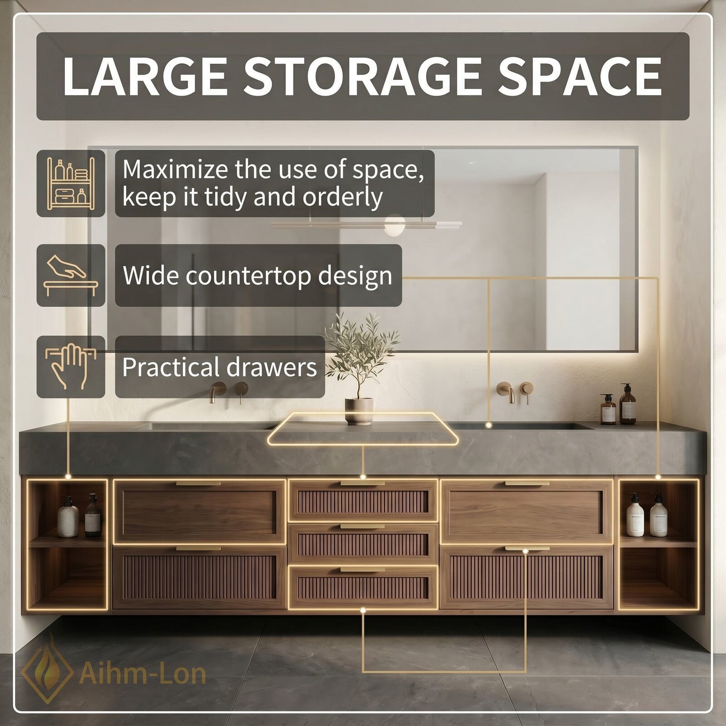 76''-96'' Double Bathroom Vanity with Sink Floating Modern Slatted Stone Grain Solid