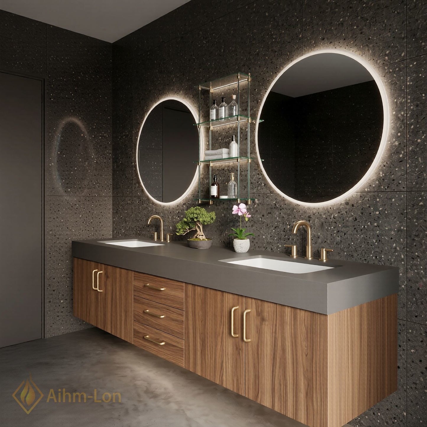 60''-96'' Double Bathroom Vanity with Sink Floating Stone-Top Dark Wood Unit Spacious