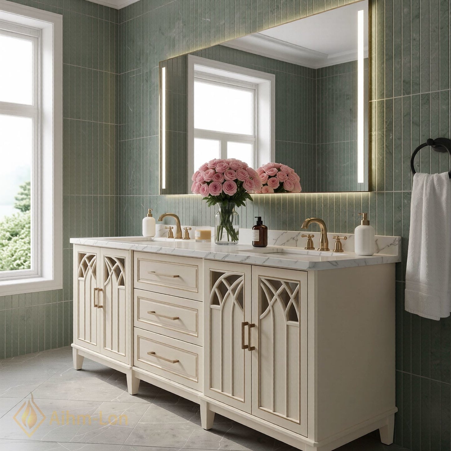60''-96'' Classic Bathroom Vanity with Sink Arch Lattice Cream Glass Illuminated Mirror