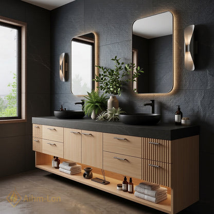 78''-96'' Double Bathroom Vanity with Sink Light Wood Finish Slatted Side Panels