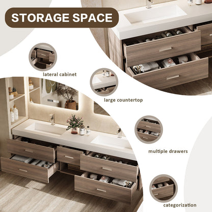 56"- 78"Floating Bathroom Vanity Includes Five Brown Wood Design Drawer