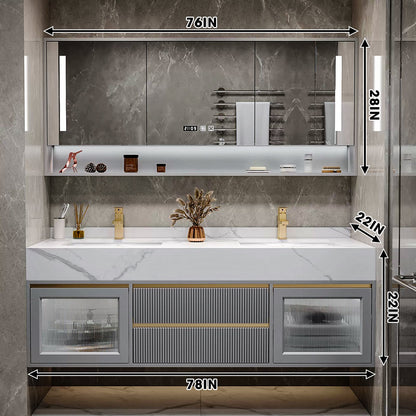 52"- 96" Modern  Grey Bathroom Vanity Set with Ceramic Basin and Smart Mirror Cabinet Double