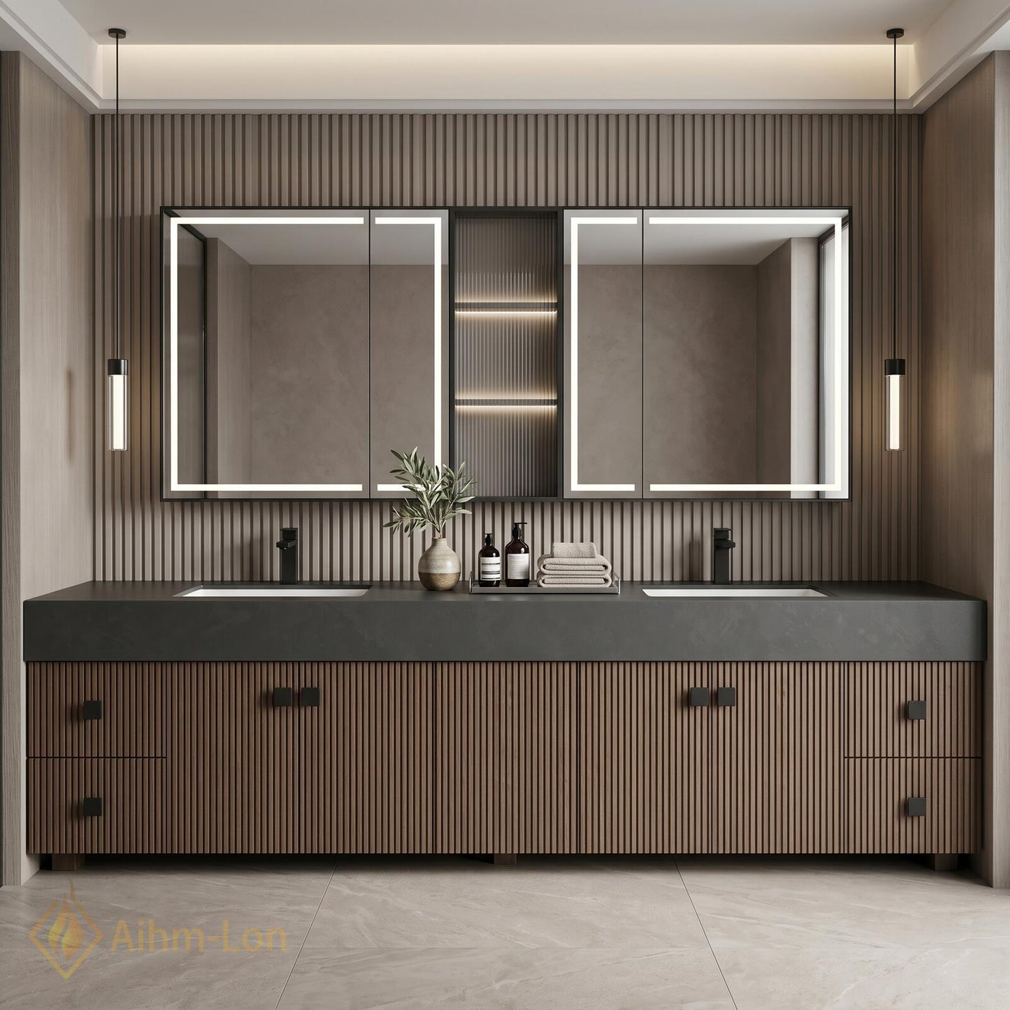 70''-96'' Modern Double Bathroom Vanity with Sink Floating Dark Stone Slatted Wood