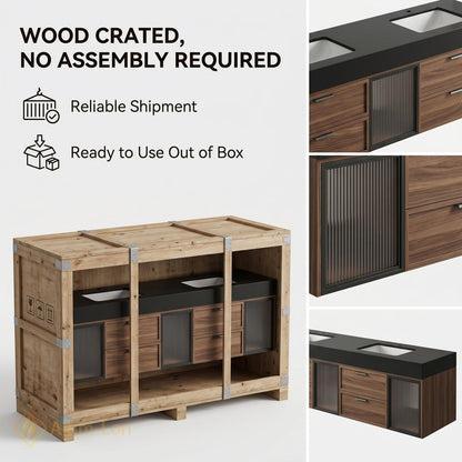 70''-96'' Bathroom Vanity with Sink Modern Floating Dark Walnut Frame Glass-Fronted Storage
