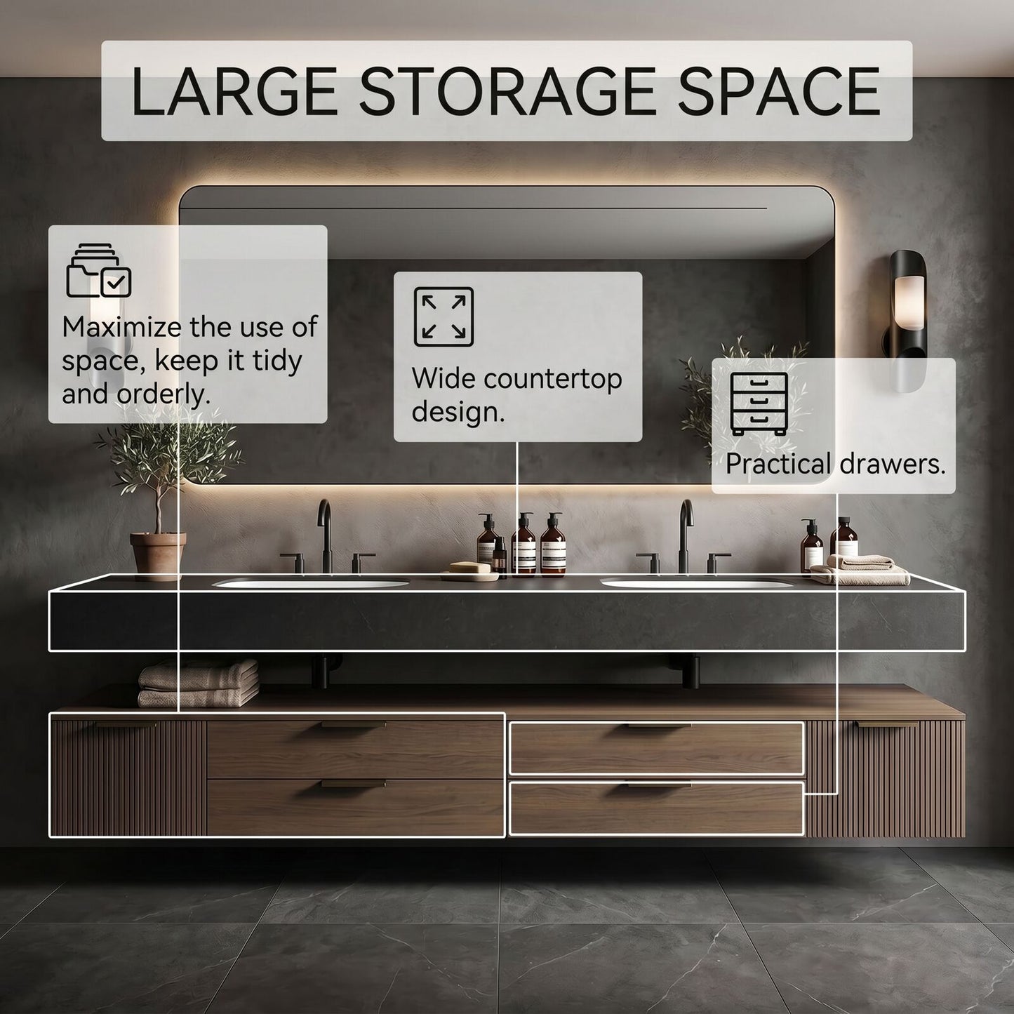 70''-96'' Double Bathroom Vanity with Sink Floating Stone Slab Warm Wood Grain Base