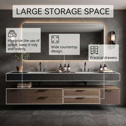 70''-96'' Double Bathroom Vanity with Sink Floating Stone Slab Warm Wood Grain Base