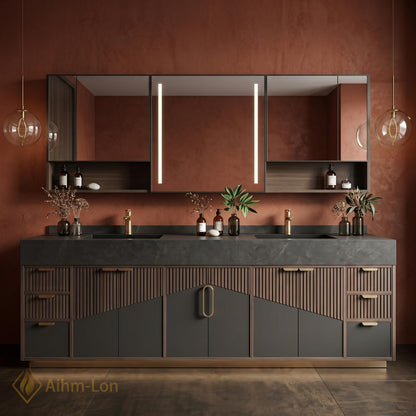 60''-96'' Double Bathroom Vanity with Sink Slatted Lower Panel Dark Wood Grain