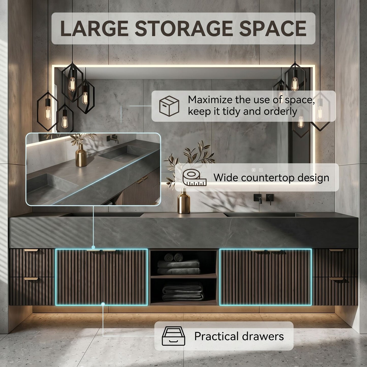 70''-96'' Modern Bathroom Vanity with Sink Slatted Wood Front Dark Grey Top
