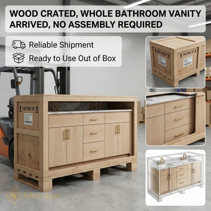 70''-96'' Modern Bathroom Vanity with Sink Light Wood Marble Brass Multi-Drawer Cabinet