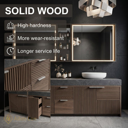 70''-96'' Modern Double Bathroom Vanity with Sink Dark Walnut Slatted Center Shelving