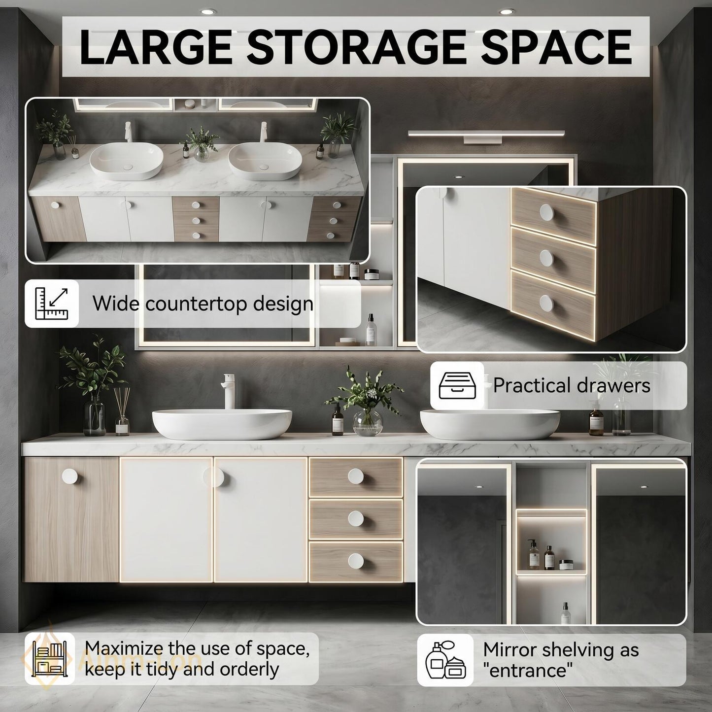 70''-96'' Modern Double Bathroom Vanity with Sink White Marble-Look Center Drawer Cabinet