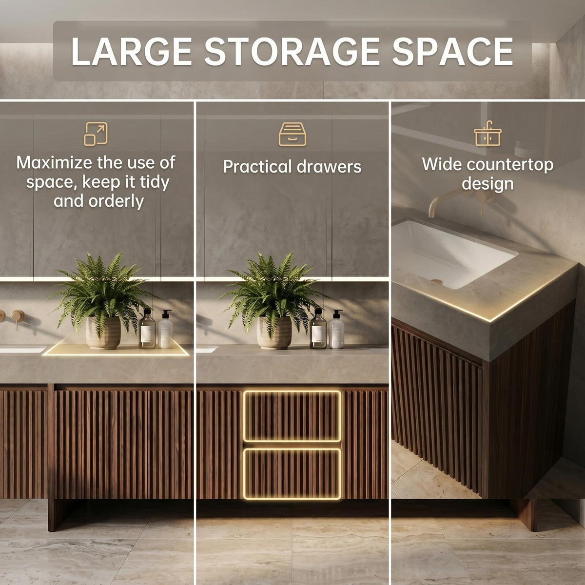 60''-96'' Double Bathroom Vanity with Sink Modern Floating Slatted Center Dark Walnut Finish