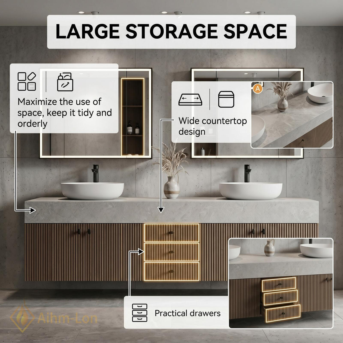 60''-96'' Double Bathroom Vanity with Sink Floating Slatted Wood Front Stone Top