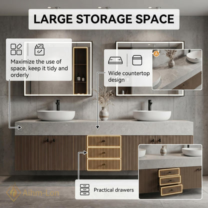60''-96'' Double Bathroom Vanity with Sink Floating Slatted Wood Front Stone Top