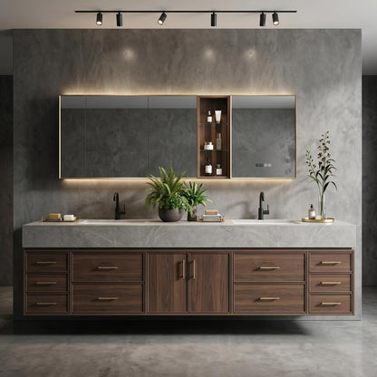 60''-96'' Double Bathroom Vanity with Sink Modern Floating Dark Walnut Slatted Center Panel