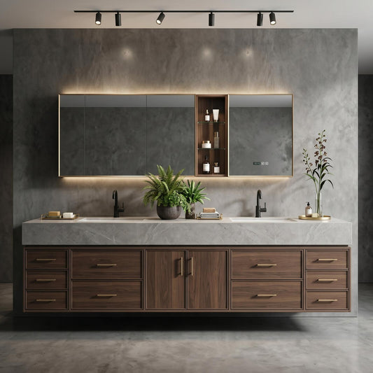 60''-96'' Double Bathroom Vanity with Sink Modern Floating Dark Walnut Slatted Center Panel