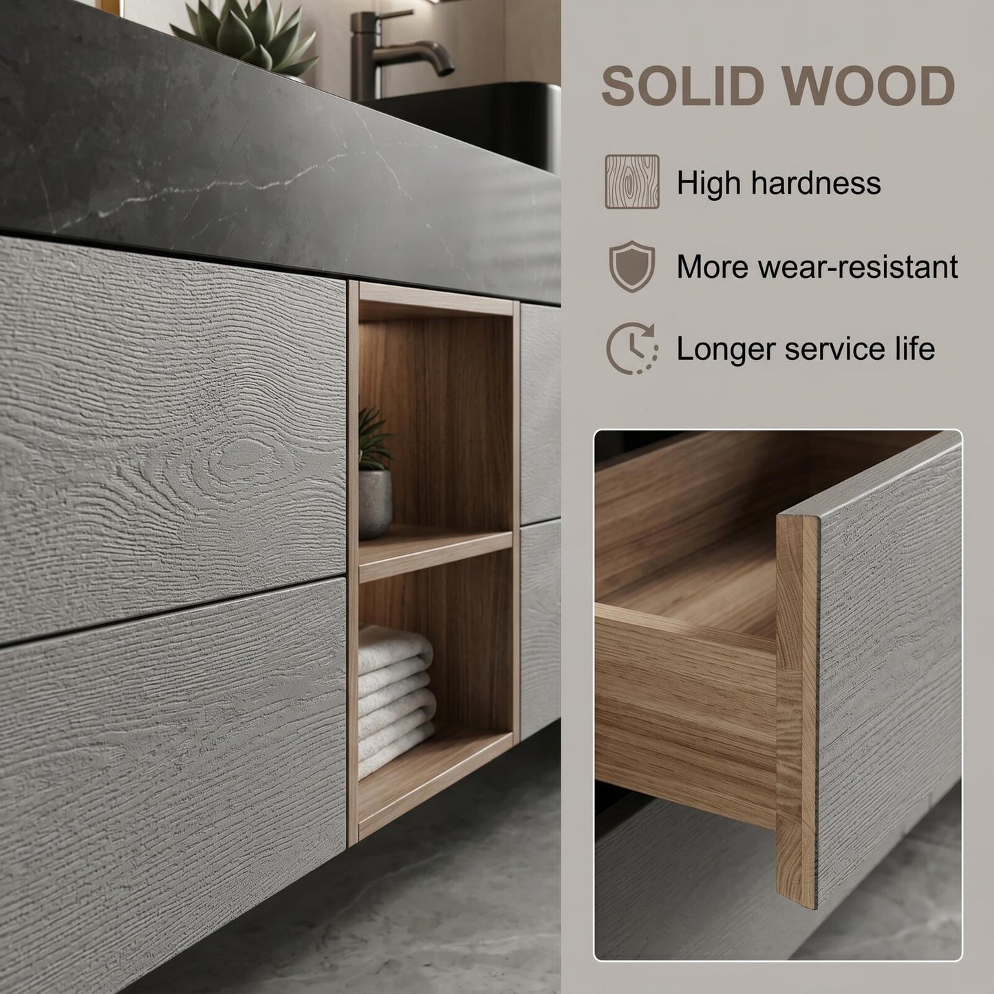 60''-96'' Modern Bathroom Vanity with Sink Floating Grey Cabinet Black Stone Countertop