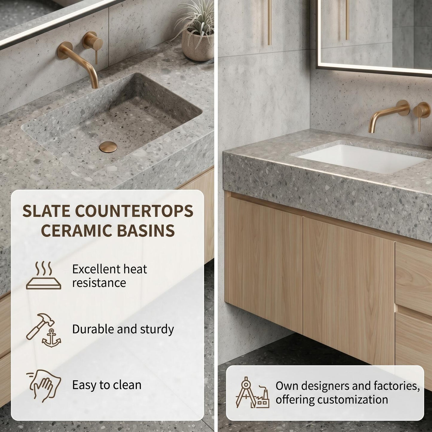 60''-96'' Modern Bathroom Vanity with Sink Floating Slatted Wood Center Glass Shelving