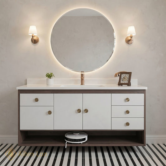 48''-64'' Modern Bathroom Vanity with Sink Floating White Sliding Doors Open Shelf